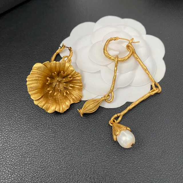 Gold-Tone Asymmetrical Floral and Pearl Drop Earrings 9