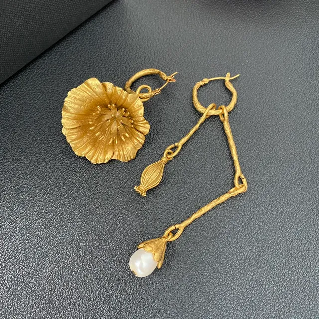 Gold-Tone Asymmetrical Floral and Pearl Drop Earrings 5