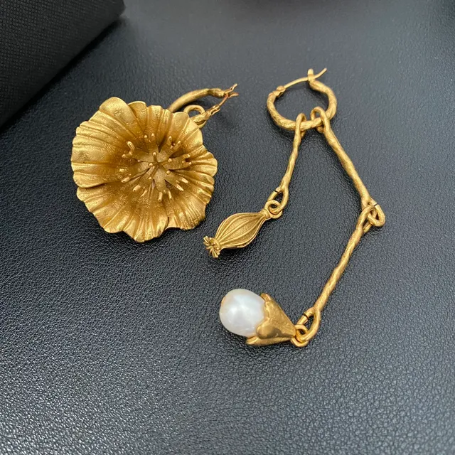 Gold-Tone Asymmetrical Floral and Pearl Drop Earrings 6