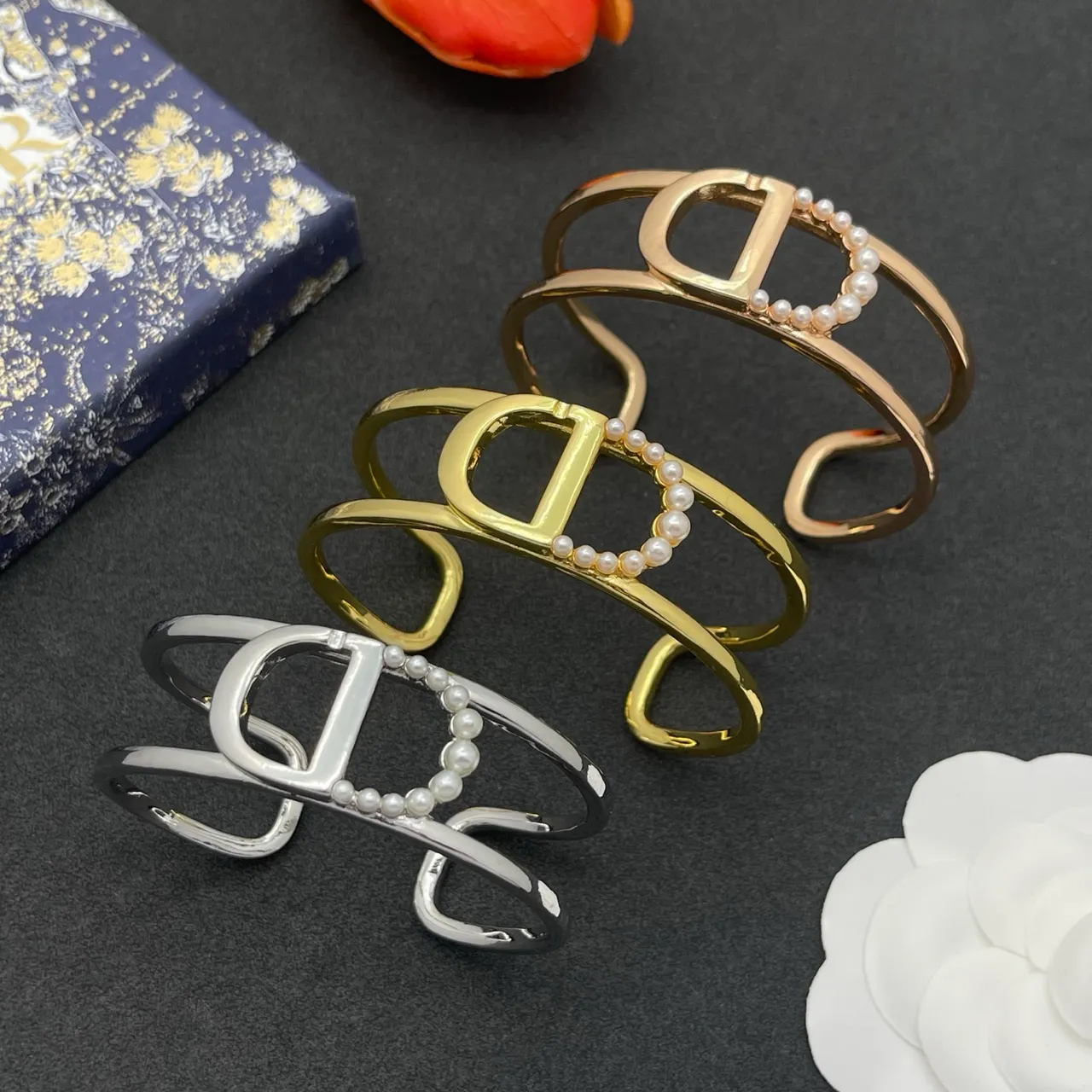 Gold-Tone D-Motif Pearl-Embellished Open Cuff Bracelet 2