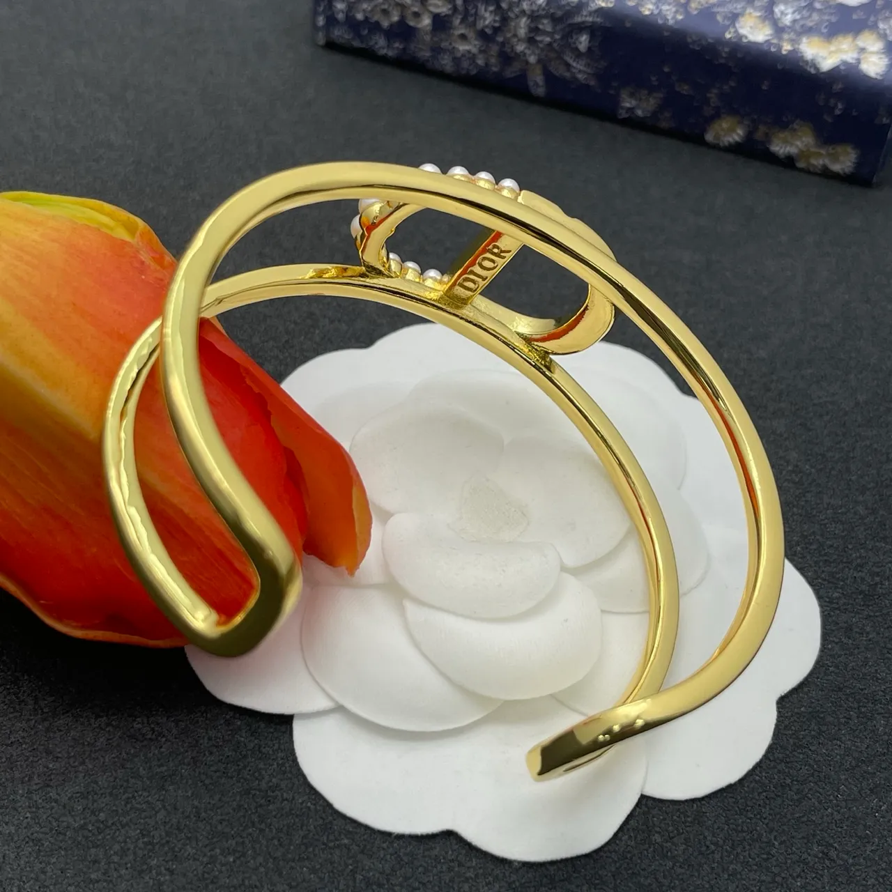 Gold-Tone D-Motif Pearl-Embellished Open Cuff Bracelet 3