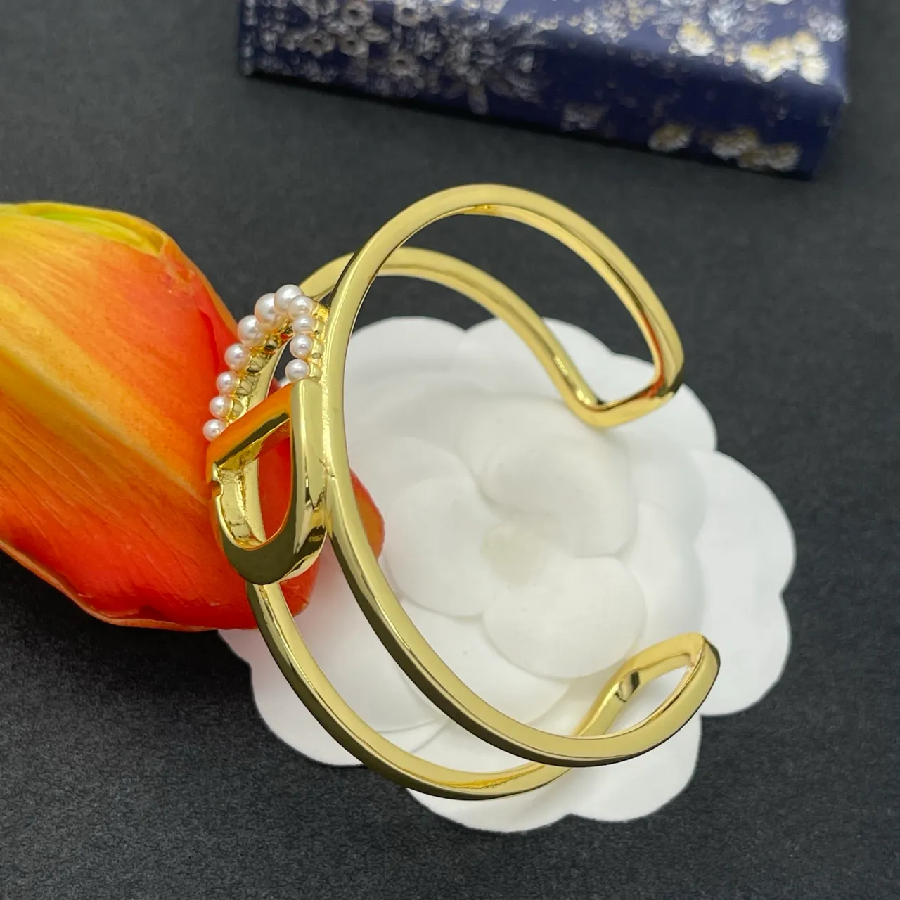 Gold-Tone D-Motif Pearl-Embellished Open Cuff Bracelet 5