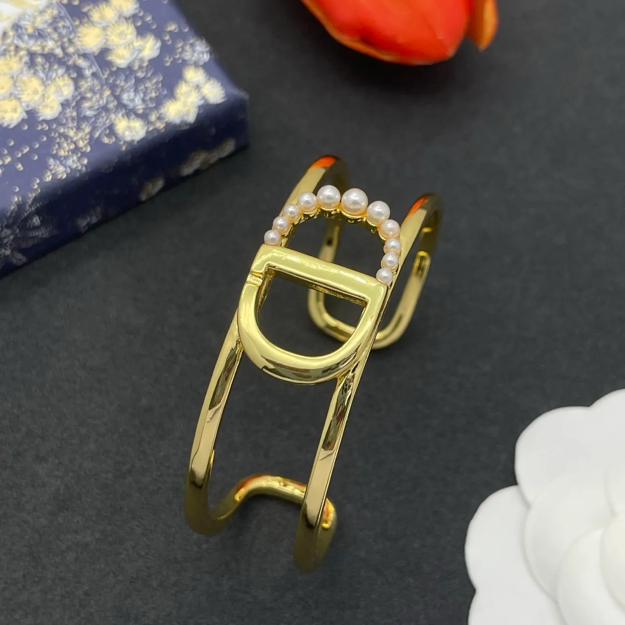 Gold-Tone D-Motif Pearl-Embellished Open Cuff Bracelet 6