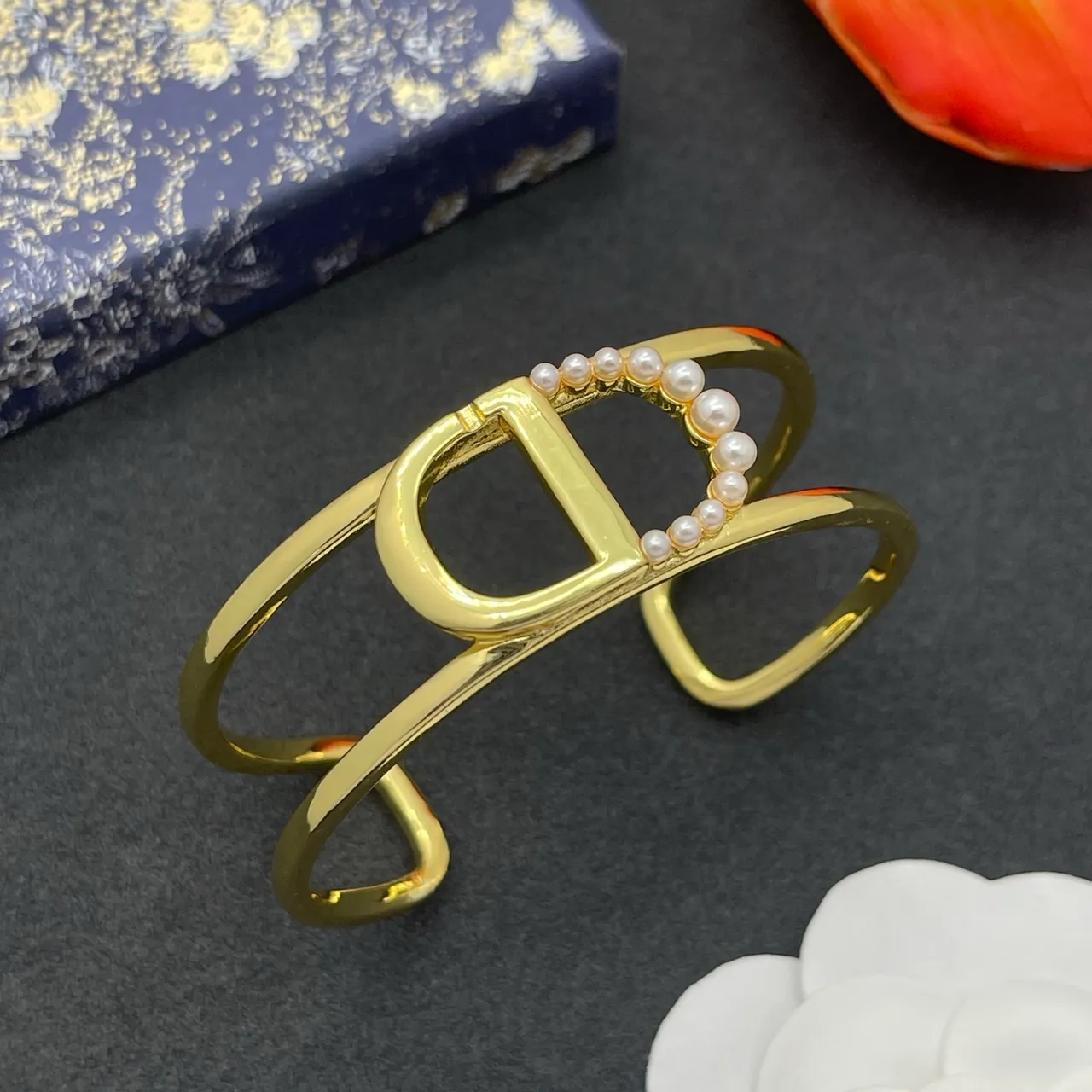 Gold-Tone D-Motif Pearl-Embellished Open Cuff Bracelet 8