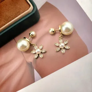 Gold-Tone Double Pearl and Crystal Flower Drop Earrings