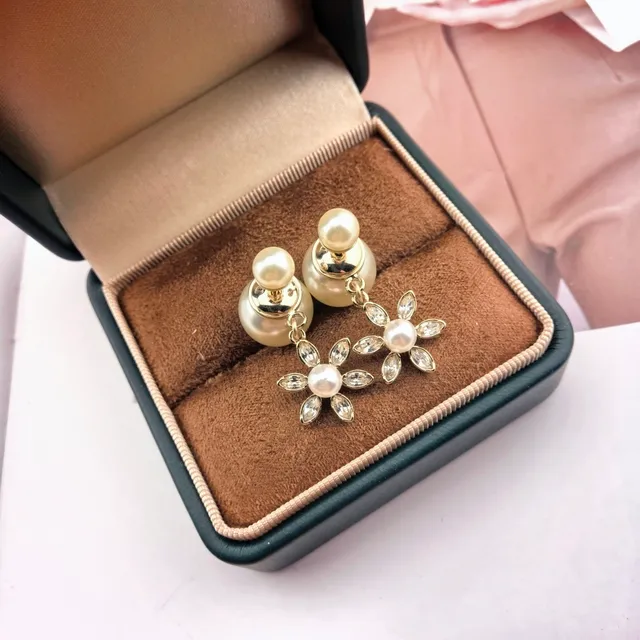 Gold-Tone Double Pearl and Crystal Flower Drop Earrings 2