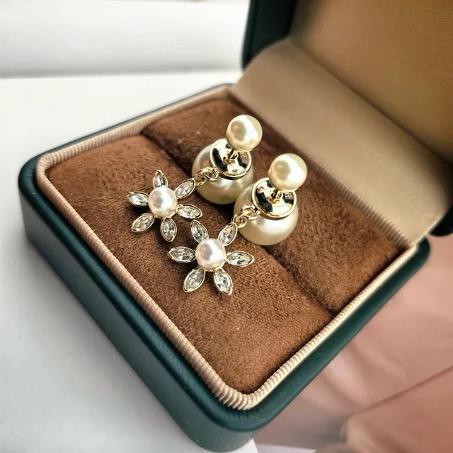 Gold-Tone Double Pearl and Crystal Flower Drop Earrings 3