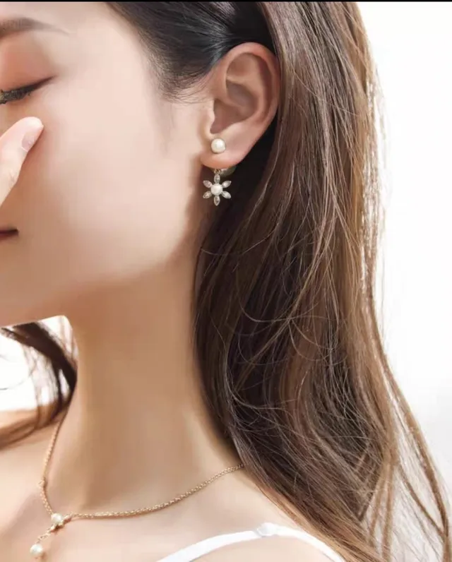 Gold-Tone Double Pearl and Crystal Flower Drop Earrings 5