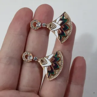Gold-Tone Fan-Shaped Enamel and Crystal Dangling Earrings
