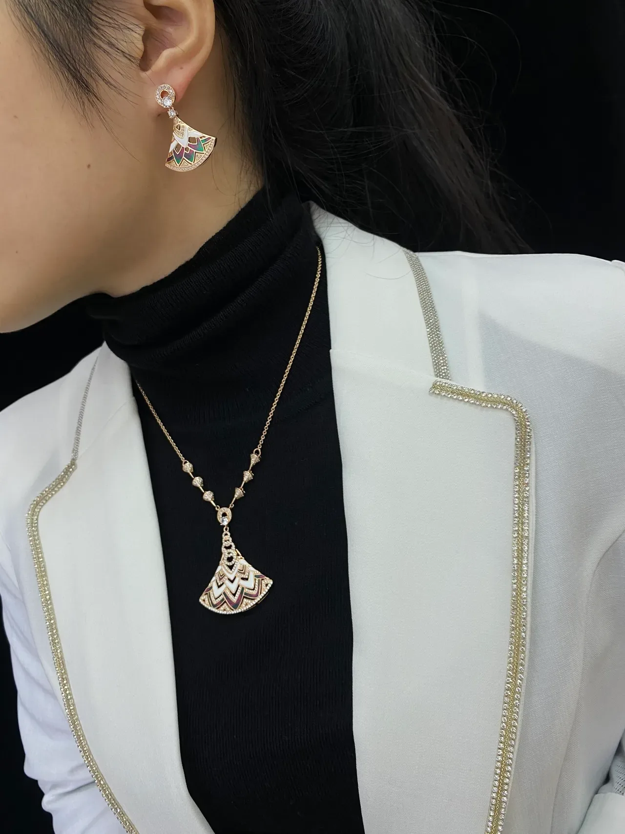 Gold-Tone Fan-Shaped Enamel and Crystal Dangling Earrings 3