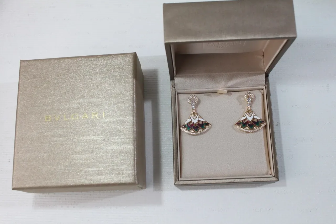 Gold-Tone Fan-Shaped Enamel and Crystal Dangling Earrings 4