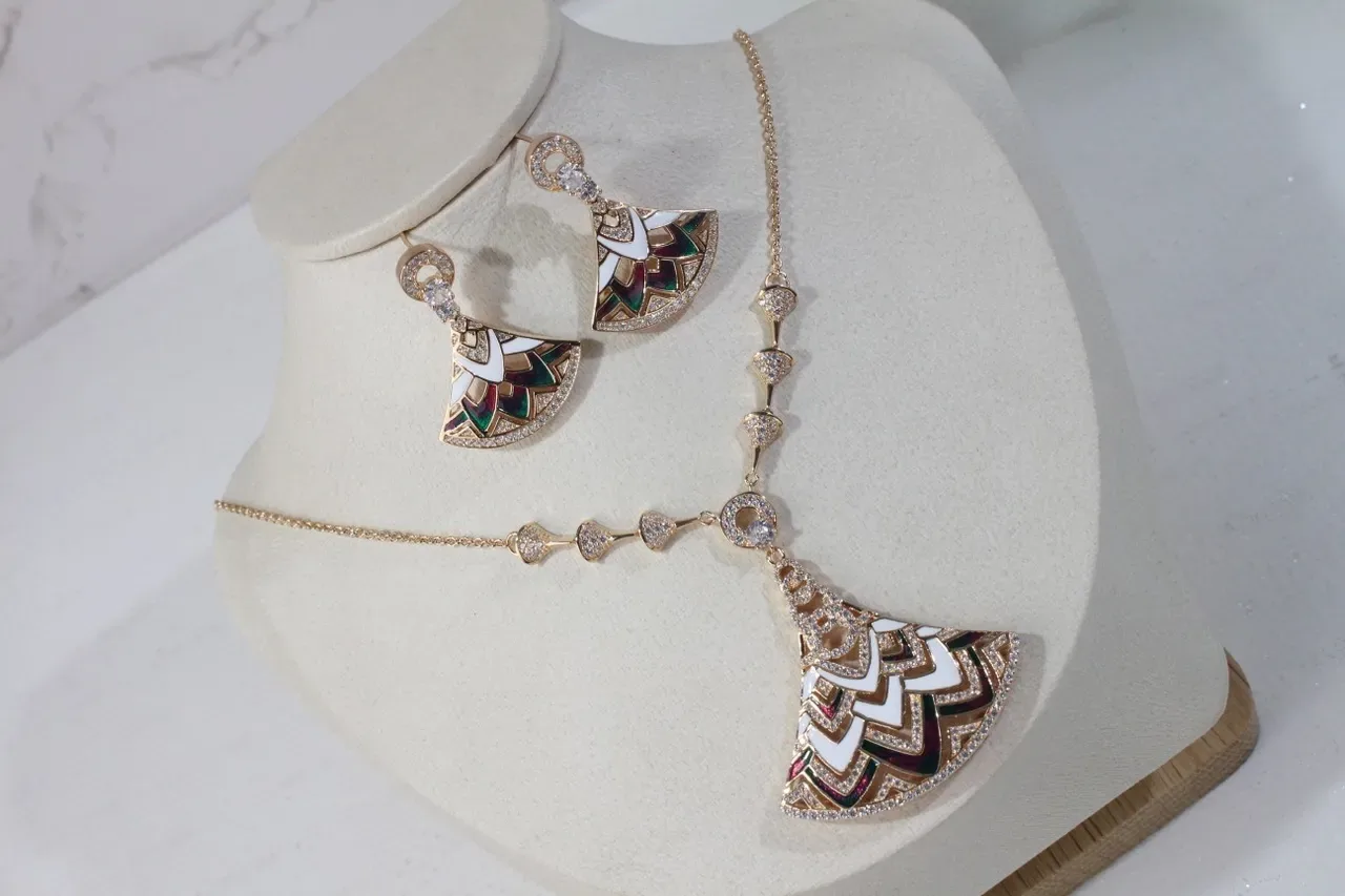 Gold-Tone Fan-Shaped Enamel and Crystal Dangling Earrings 5