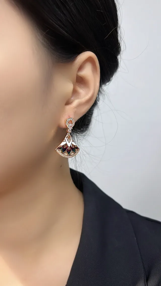 Gold-Tone Fan-Shaped Enamel and Crystal Dangling Earrings 6
