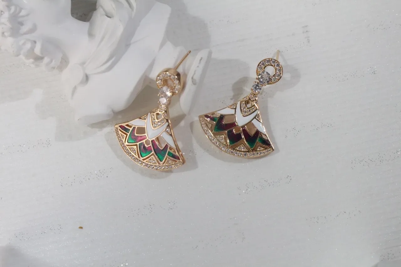 Gold-Tone Fan-Shaped Enamel and Crystal Dangling Earrings 7