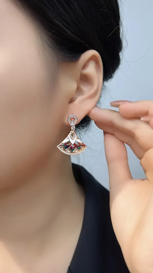 Gold-Tone Fan-Shaped Enamel and Crystal Dangling Earrings 8