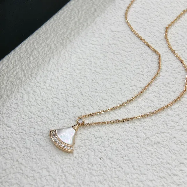 Gold-Tone Fan-Shaped Mother-of-Pearl and Pavé Crystal Pendant Necklace 2