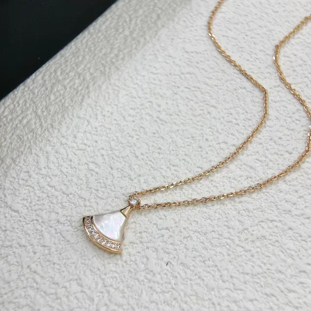 Gold-Tone Fan-Shaped Mother-of-Pearl and Pavé Crystal Pendant Necklace 3
