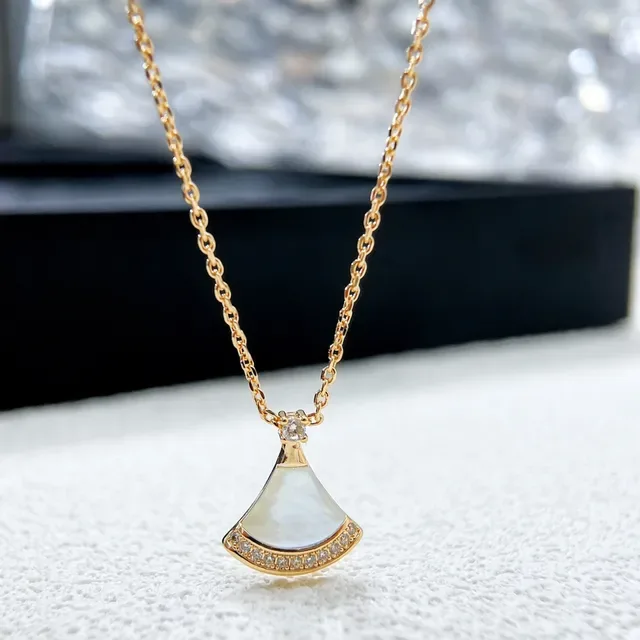 Gold-Tone Fan-Shaped Mother-of-Pearl and Pavé Crystal Pendant Necklace 4