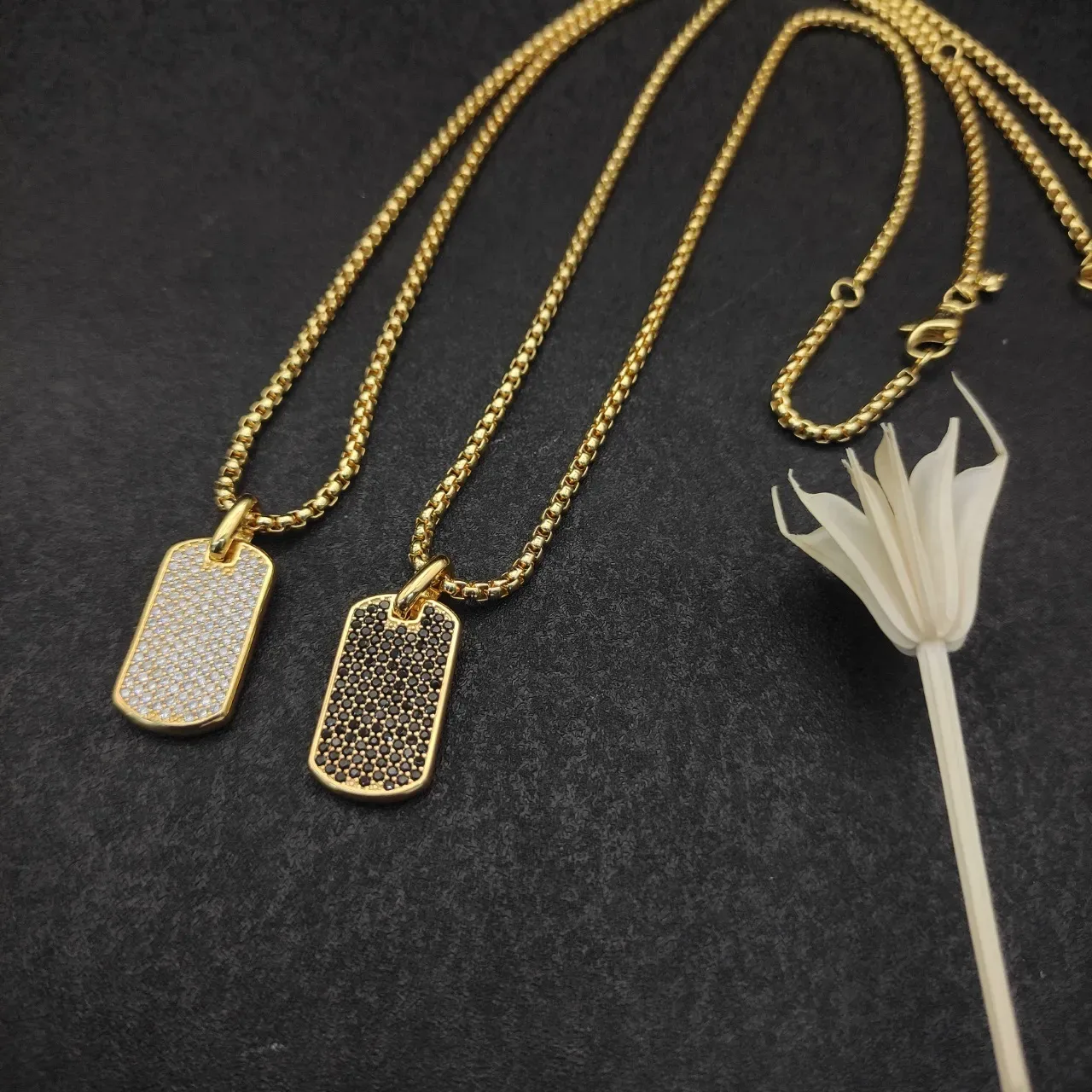 Gold-Tone Pave Black Stone Dog-Tag Pendant Necklace 2