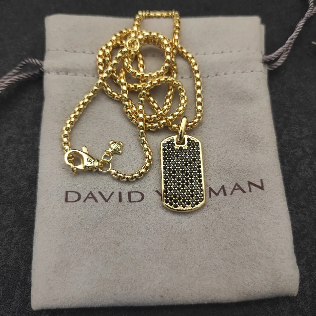 Gold-Tone Pave Black Stone Dog-Tag Pendant Necklace 4