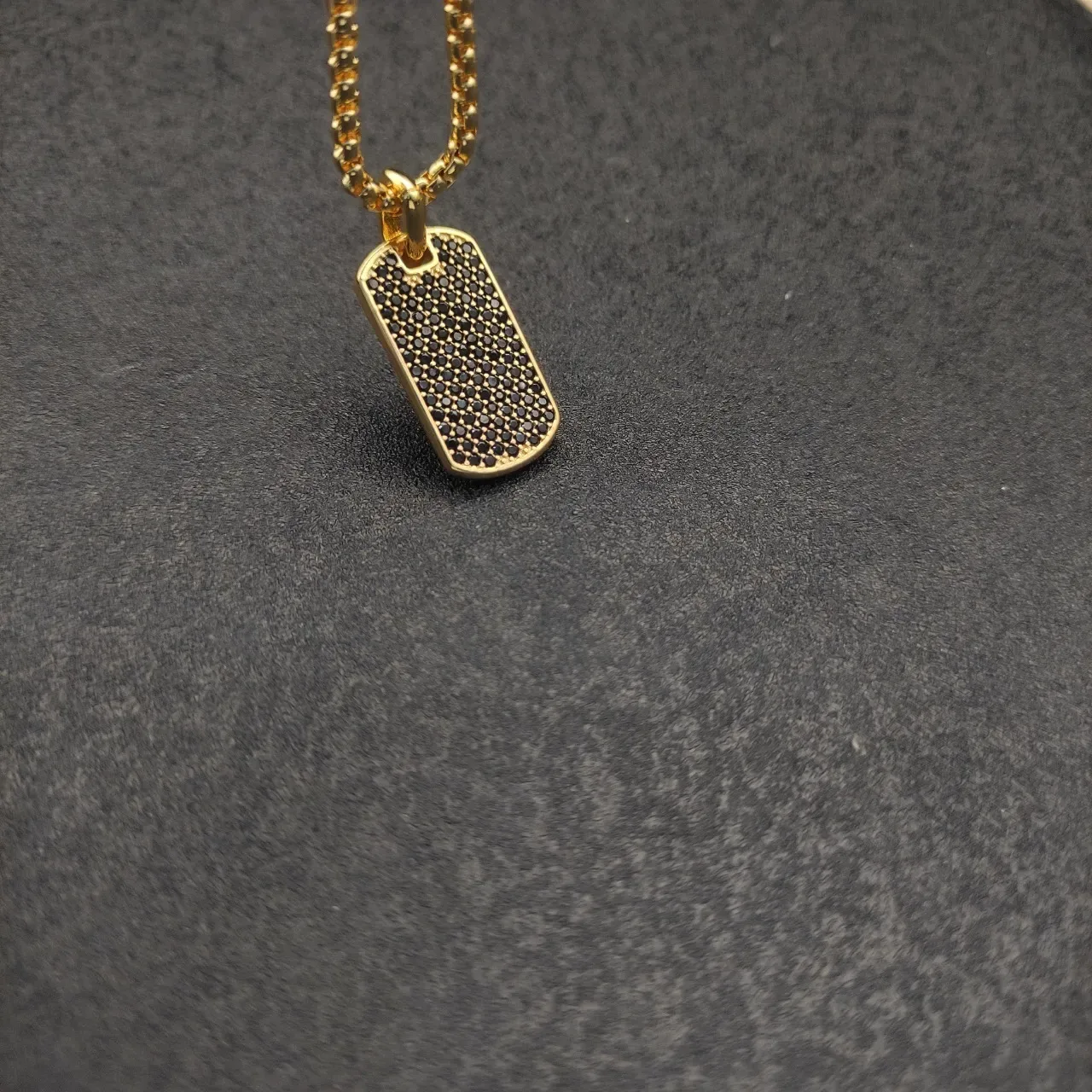Gold-Tone Pave Black Stone Dog-Tag Pendant Necklace 9
