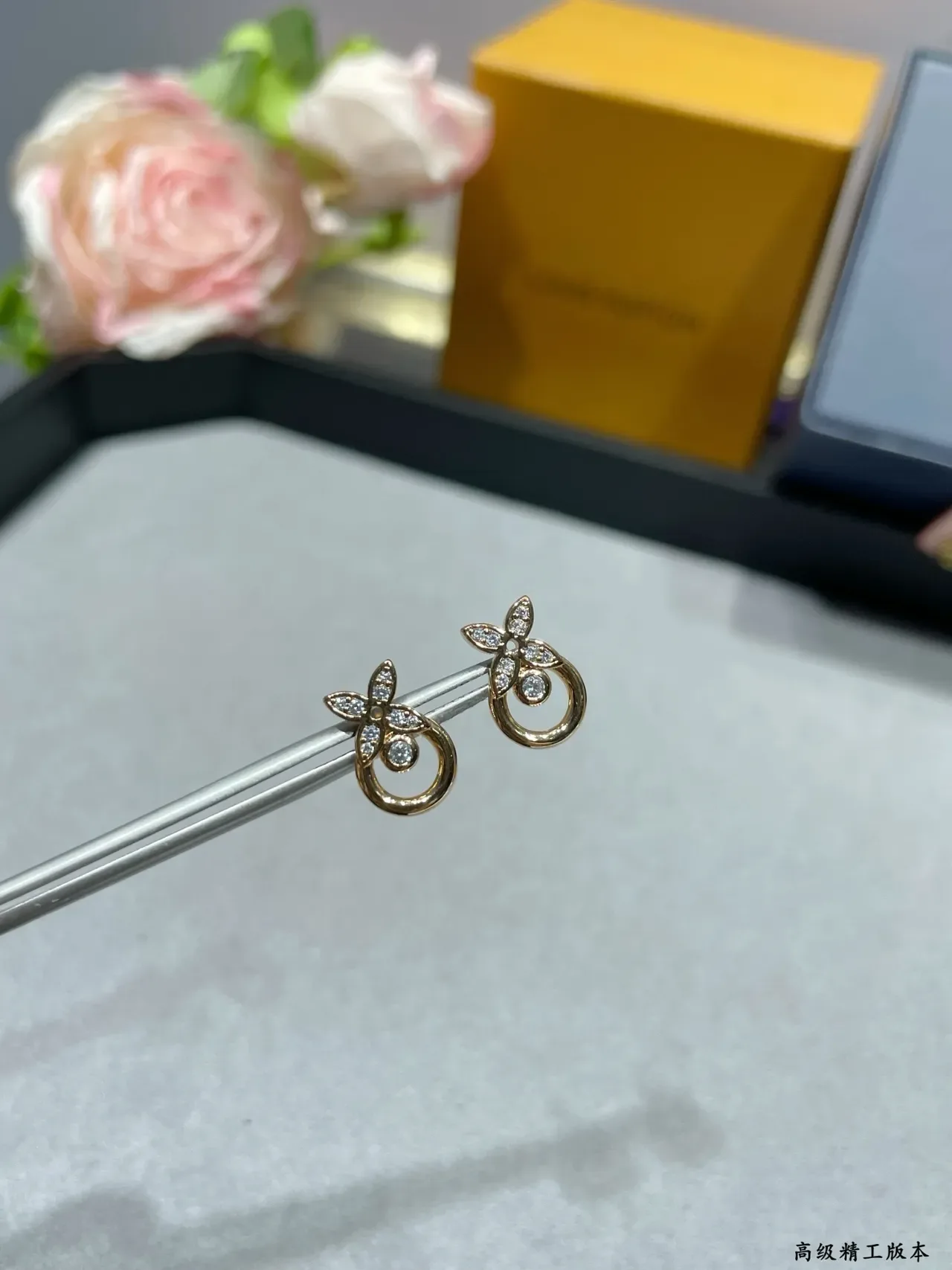 Gold-Tone Pavé Floral Motif Stud Earrings 4