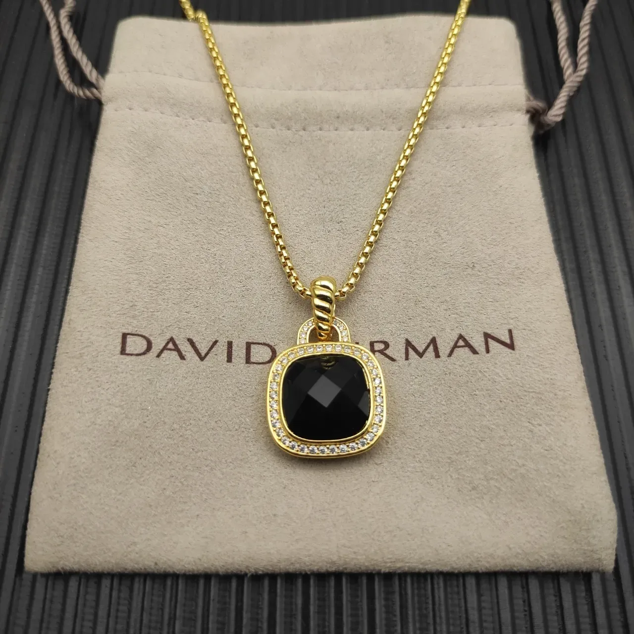 Gold-Tone Pave-Set Black Faceted Stone Pendant Necklace 5
