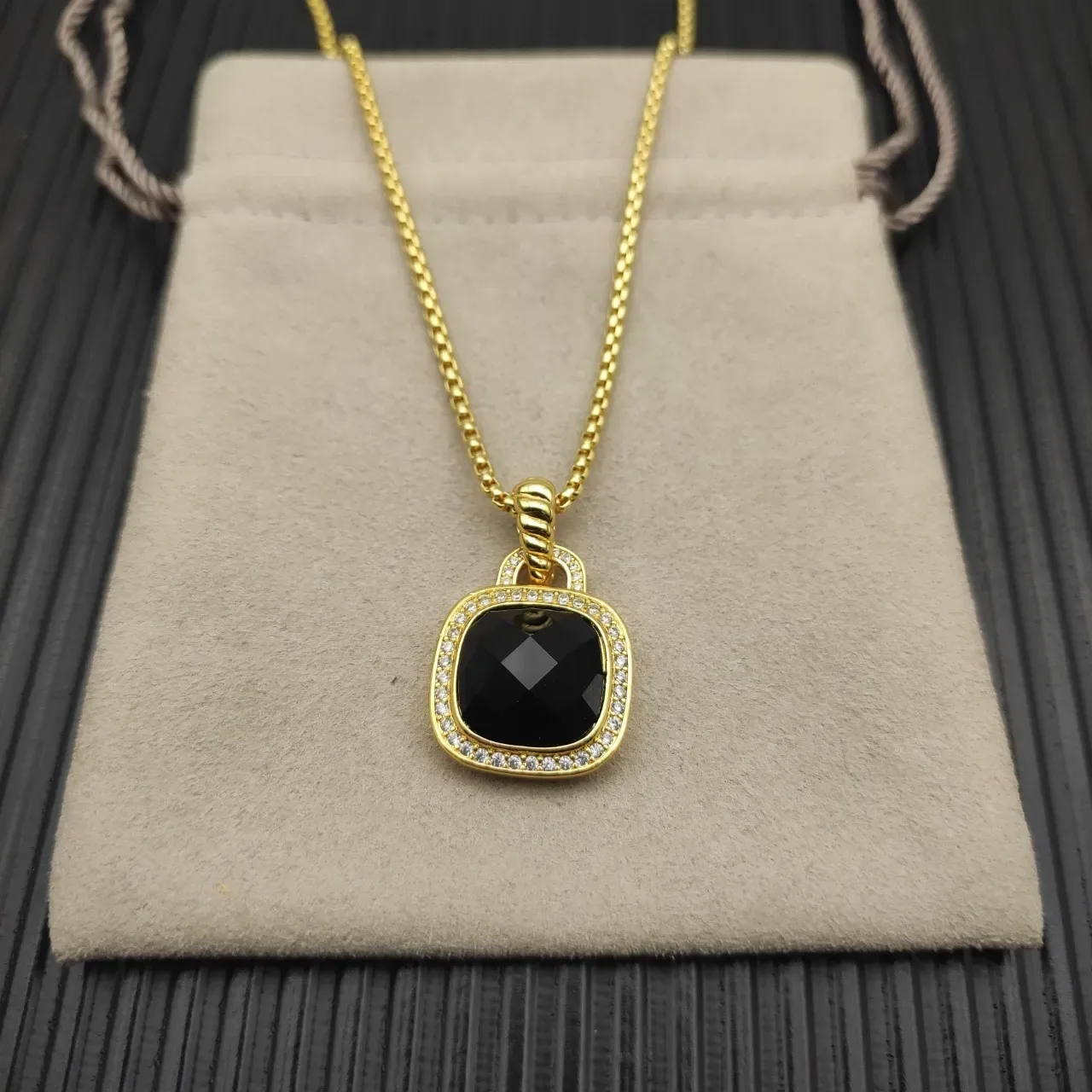 Gold-Tone Pave-Set Black Faceted Stone Pendant Necklace 6