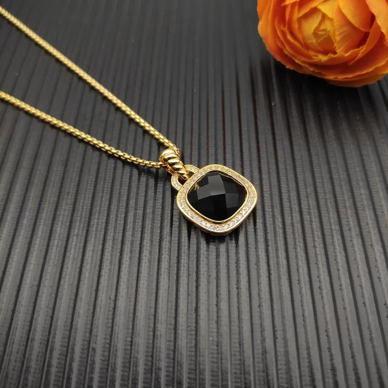 Gold-Tone Pave-Set Black Faceted Stone Pendant Necklace 7