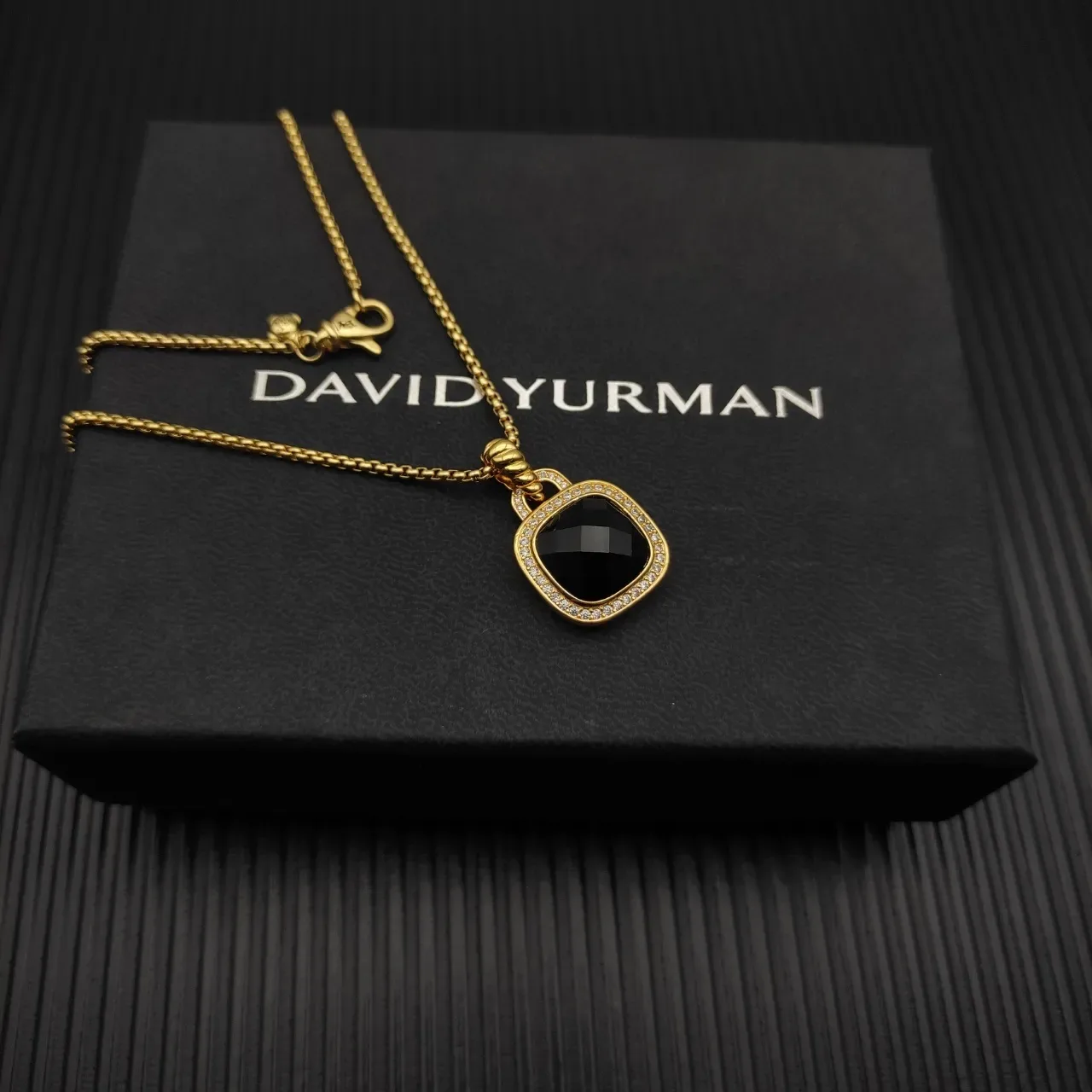 Gold-Tone Pave-Set Black Faceted Stone Pendant Necklace 9
