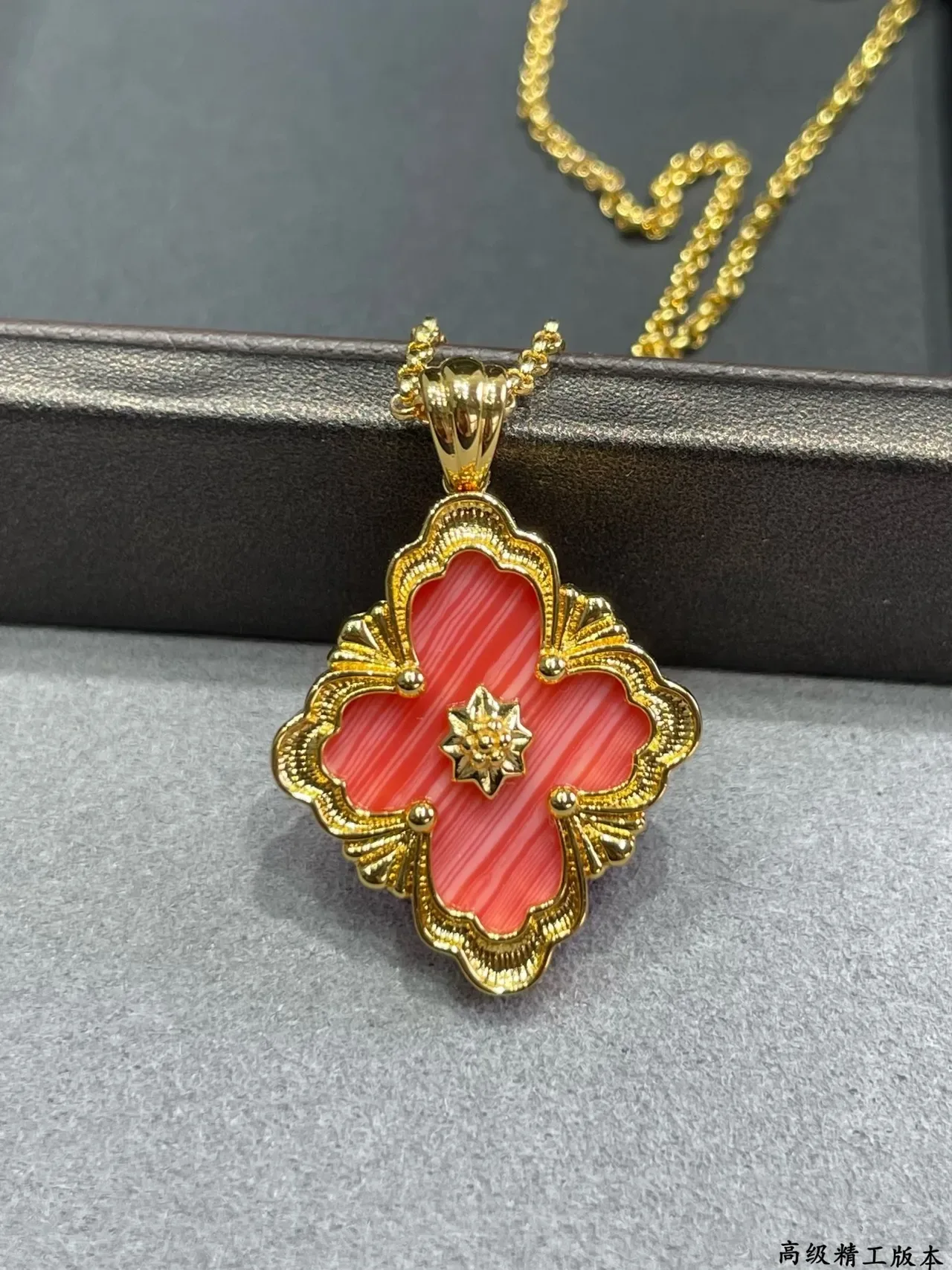 Gold-Tone Quatrefoil Coral Enamel Pavé Pendant Necklace 3