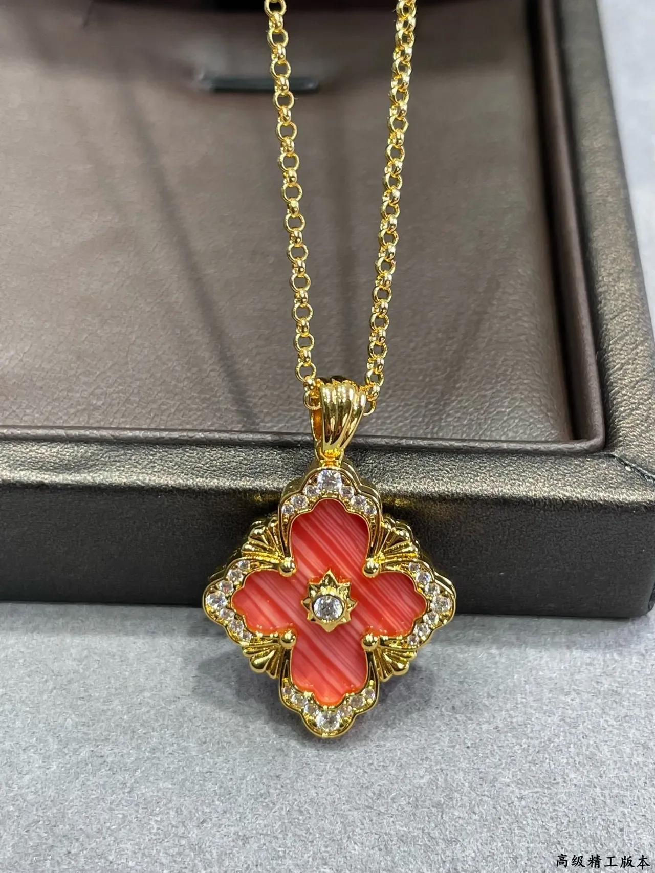 Gold-Tone Quatrefoil Coral Enamel Pavé Pendant Necklace 4
