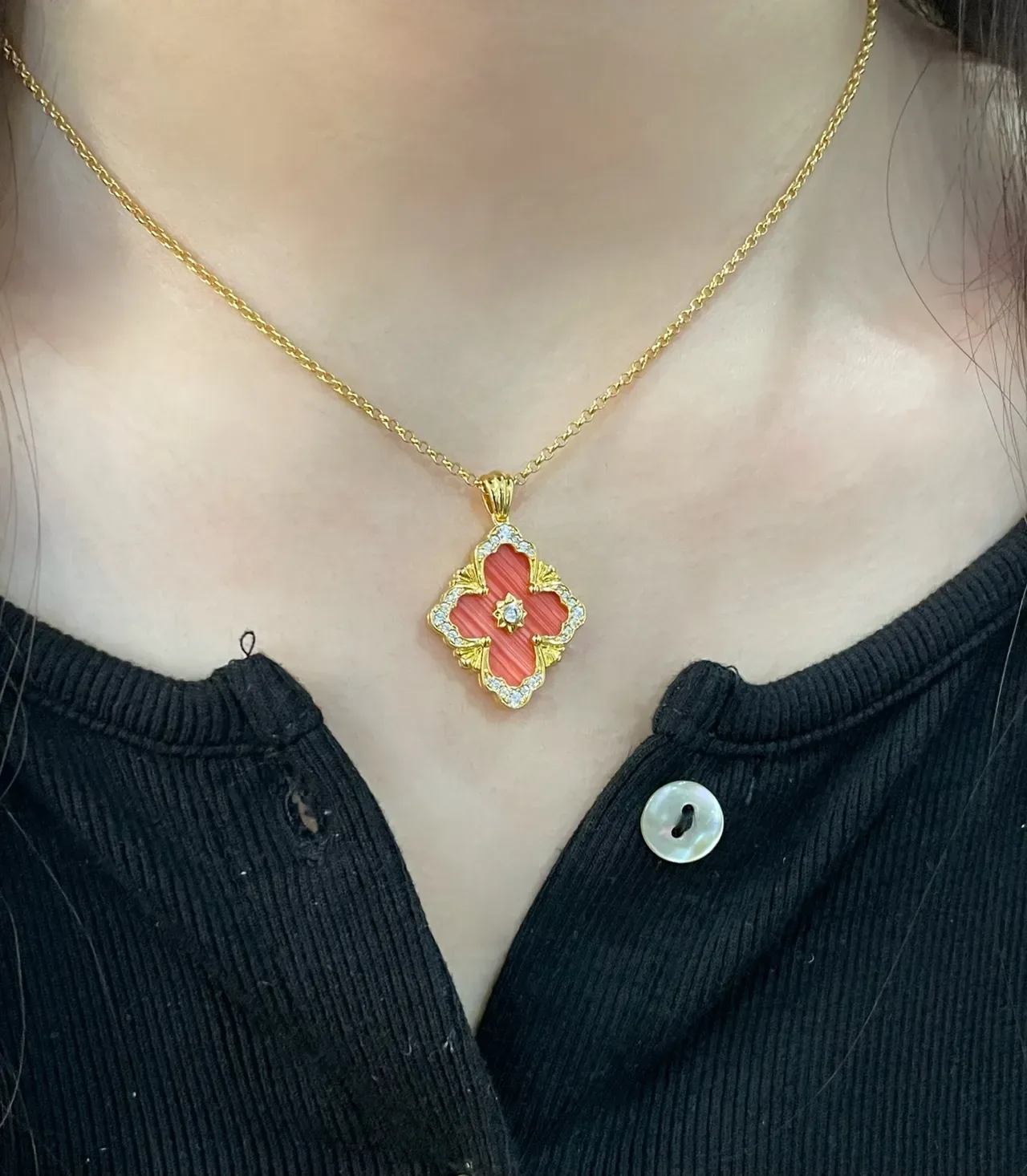 Gold-Tone Quatrefoil Coral Enamel Pavé Pendant Necklace 9