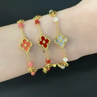 Pulseras de Cadena con Bolitas Dorado de Cuatro Hojas Florales