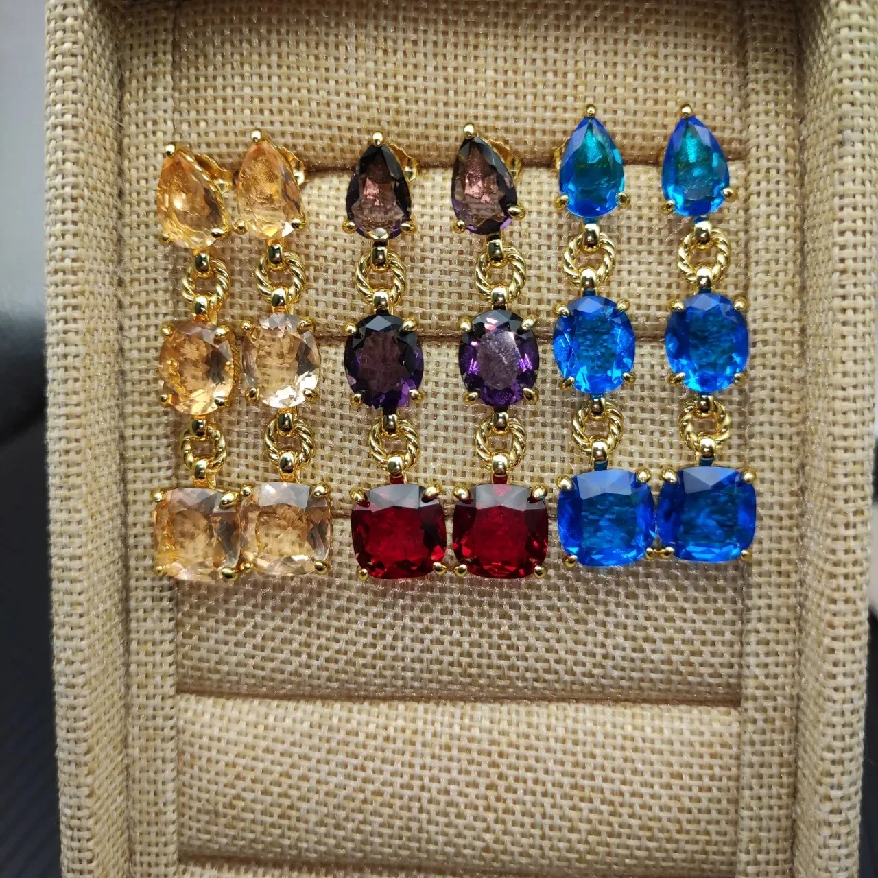 Gold-Tone Rope Bezel Multi-Gemstone Drop Earrings 2