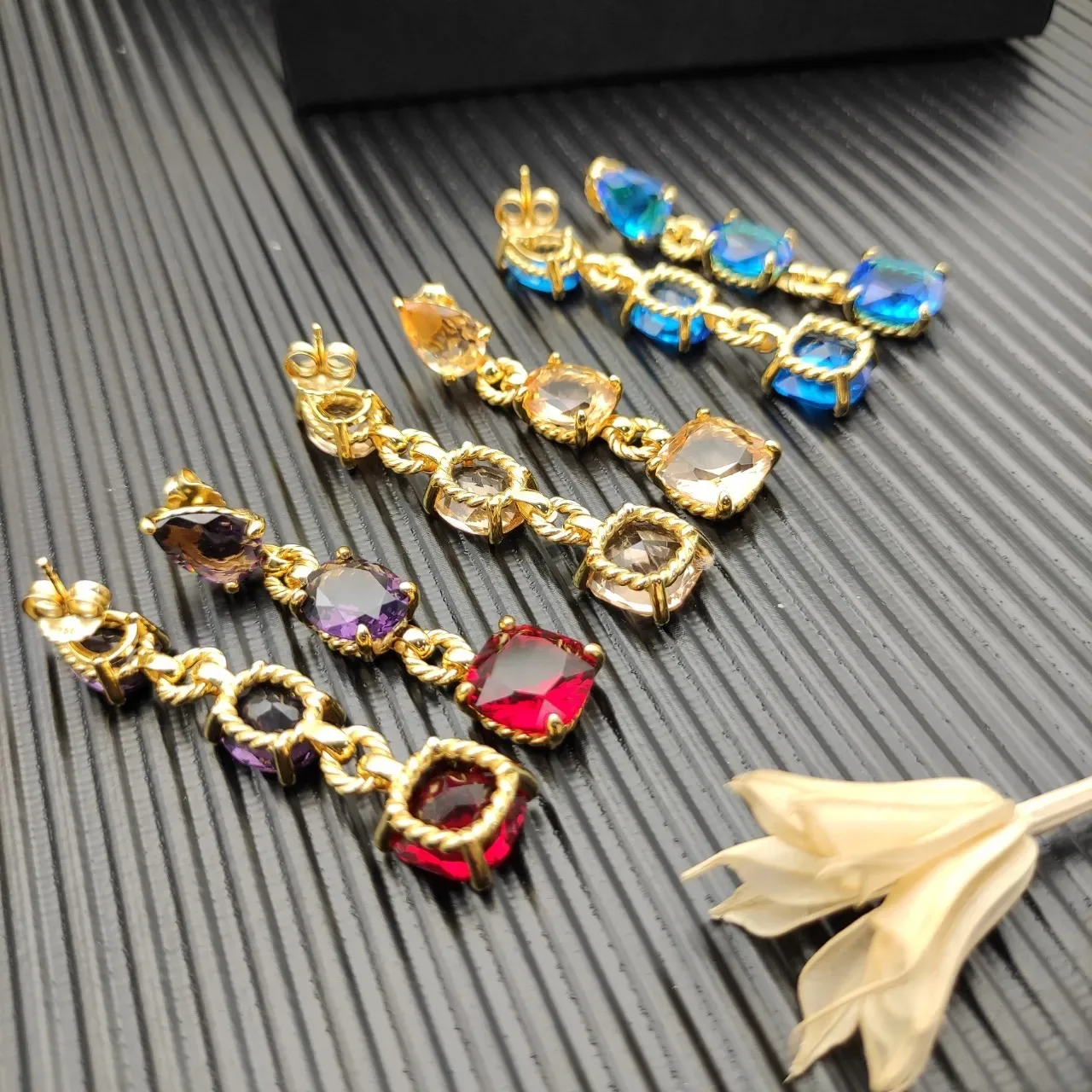 Gold-Tone Rope Bezel Multi-Gemstone Drop Earrings 3