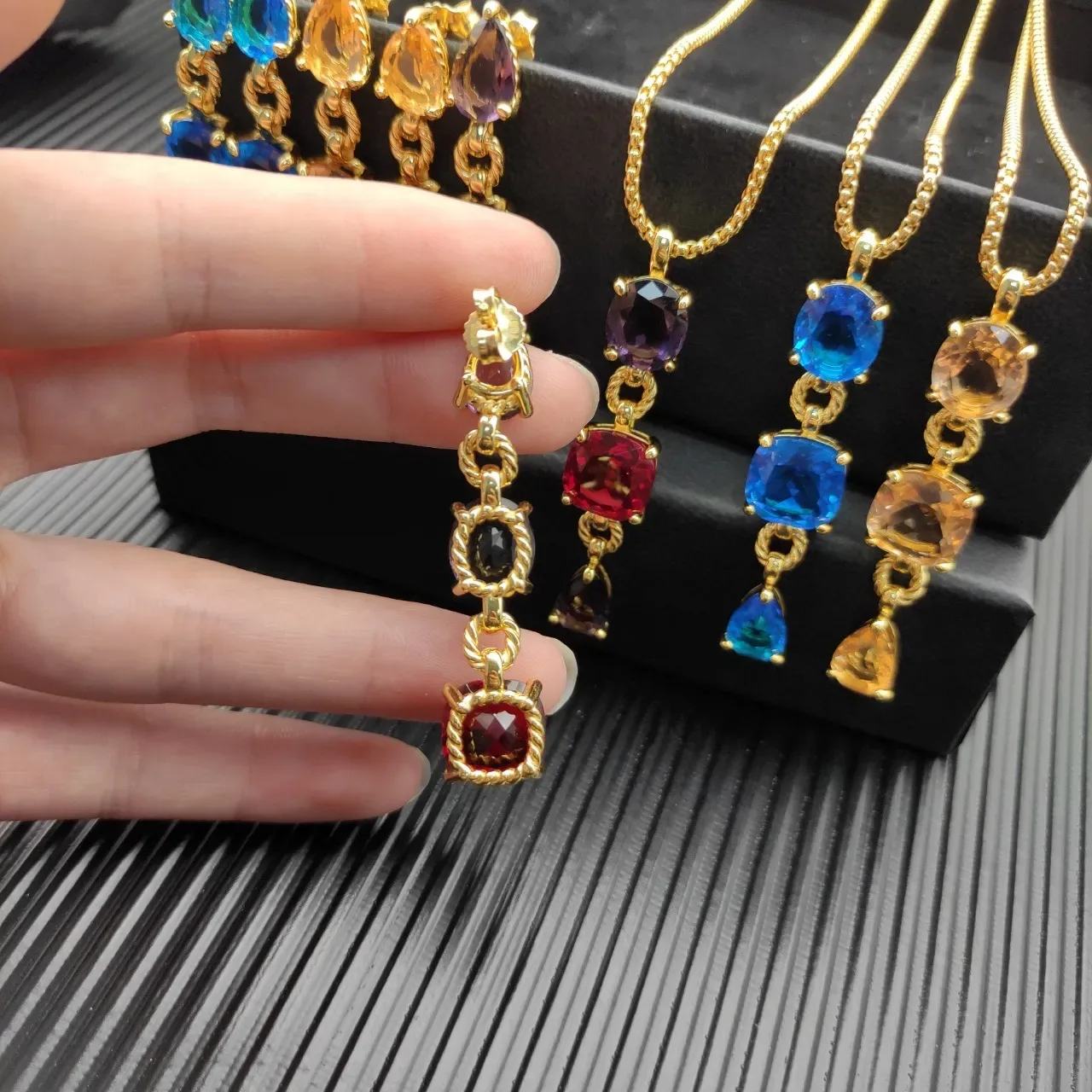 Gold-Tone Rope Bezel Multi-Gemstone Drop Earrings 4