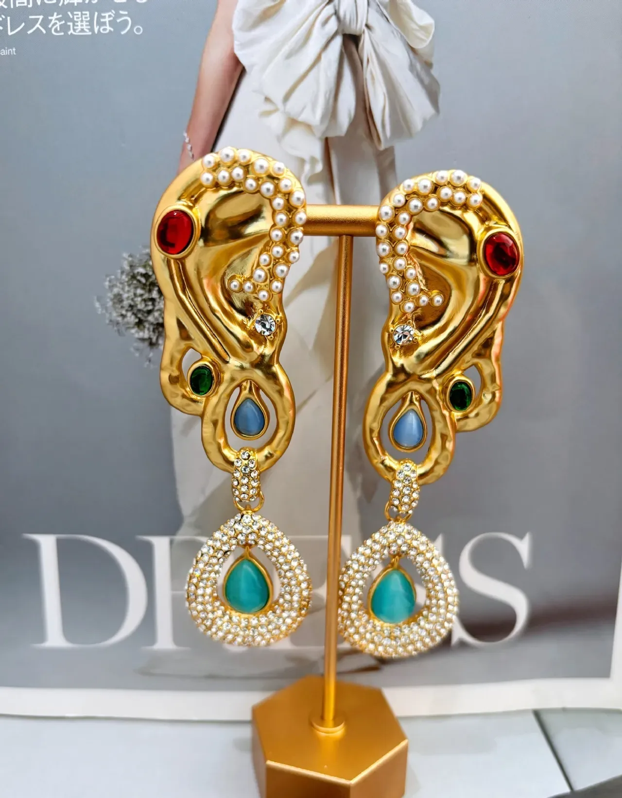 Gold-Tone Sculptural Pearl and Crystal Teardrop Drop Earrings 2