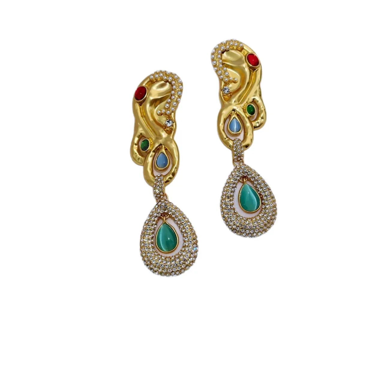 Gold-Tone Sculptural Pearl and Crystal Teardrop Drop Earrings 3