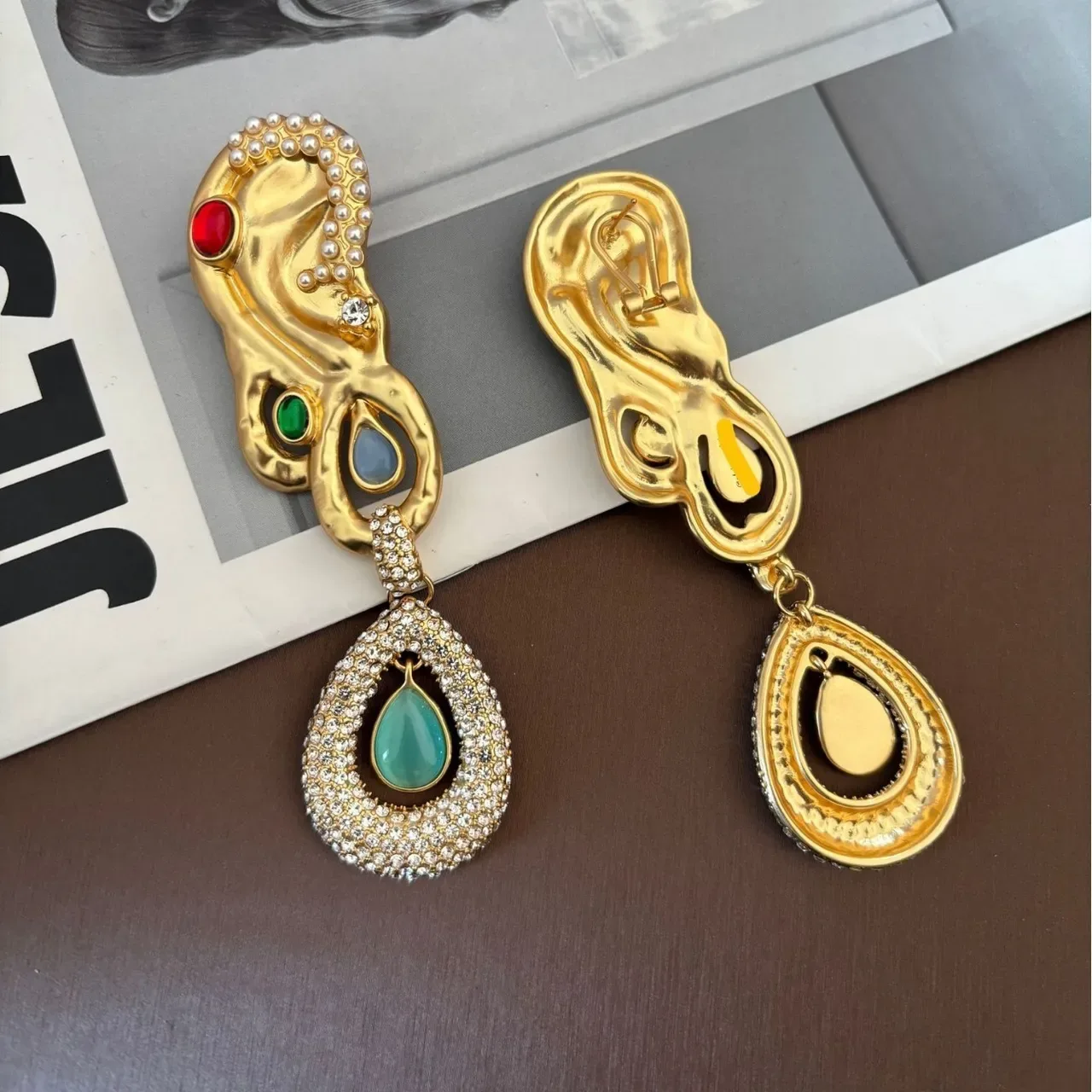 Gold-Tone Sculptural Pearl and Crystal Teardrop Drop Earrings 5