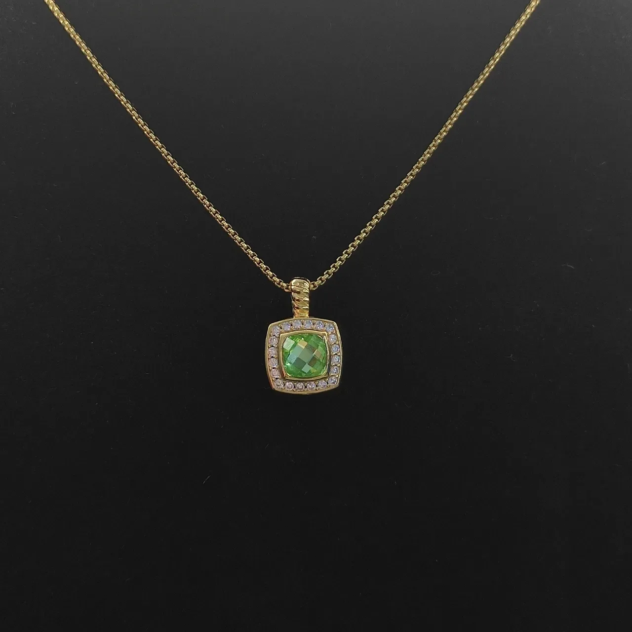 Gold-Tone Square Green Gemstone Halo Pendant Necklace 2