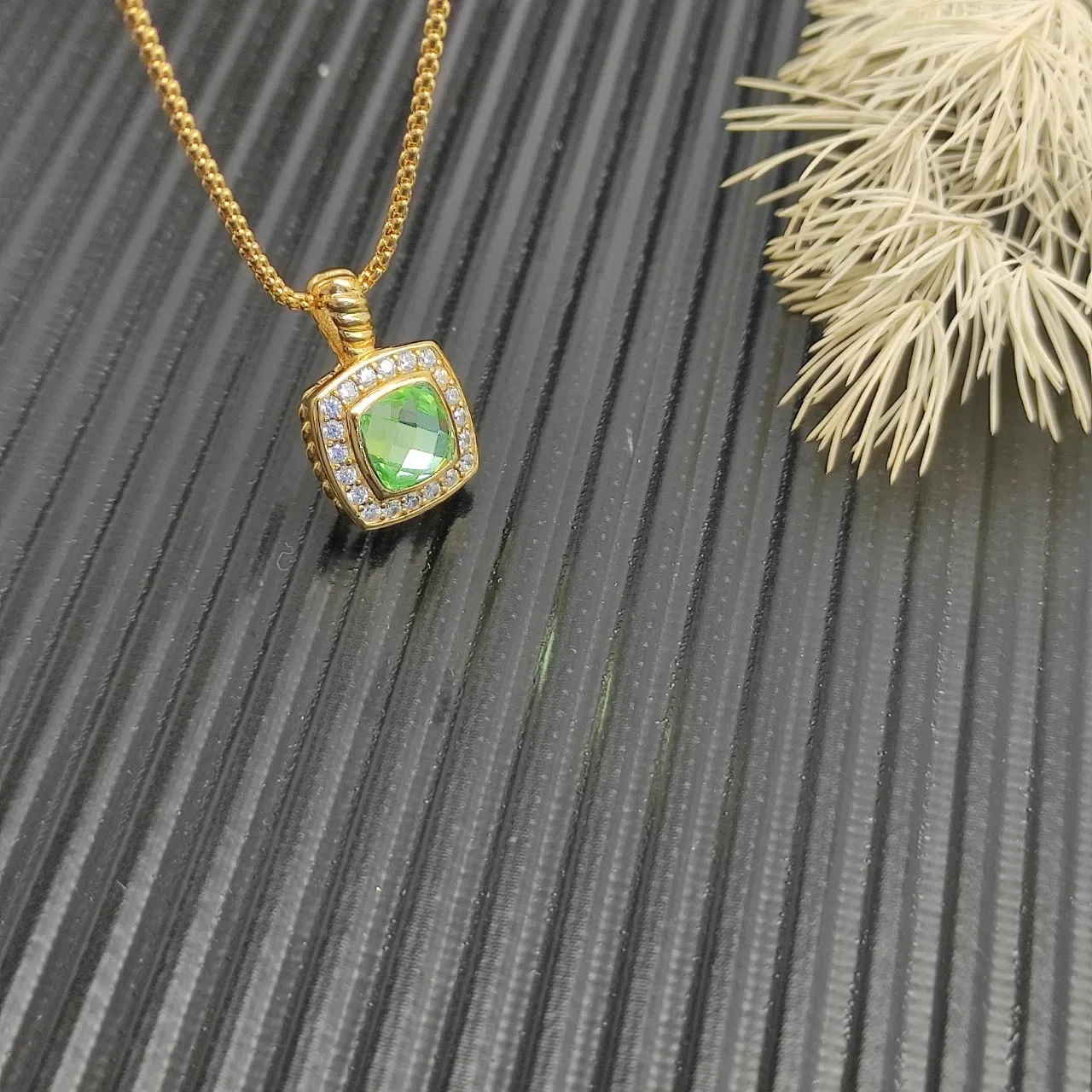 Gold-Tone Square Green Gemstone Halo Pendant Necklace 3