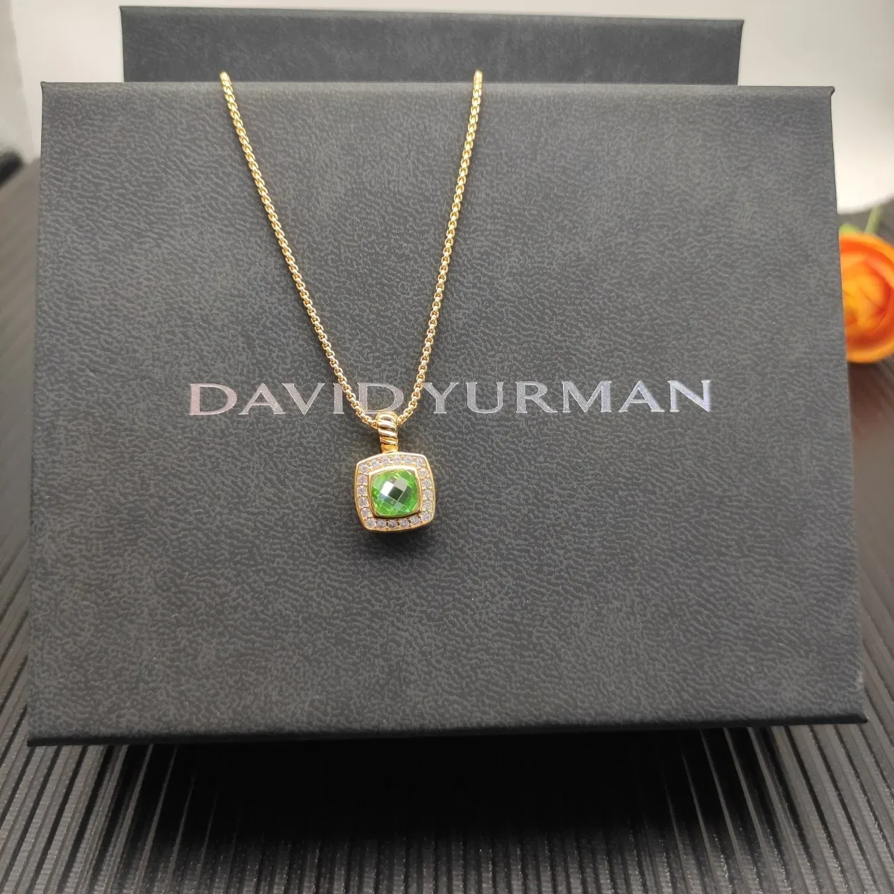 Gold-Tone Square Green Gemstone Halo Pendant Necklace 4