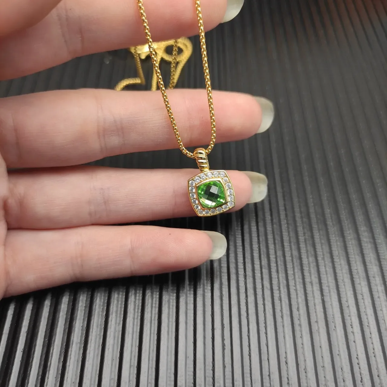 Gold-Tone Square Green Gemstone Halo Pendant Necklace 5