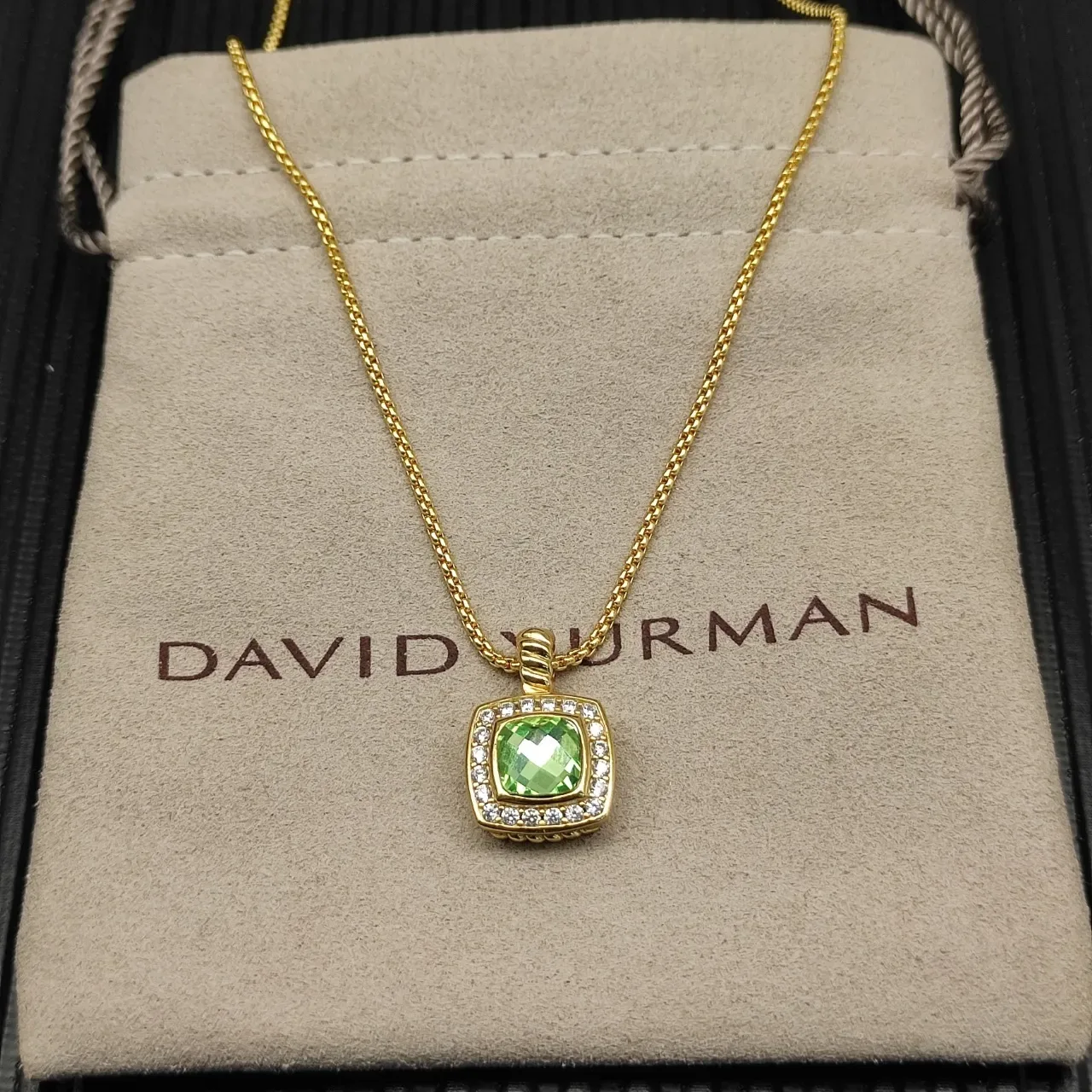 Gold-Tone Square Green Gemstone Halo Pendant Necklace 6