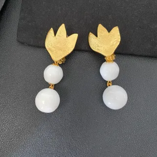 Gold-Tone Tulip Top Double White Bead Dangling Earrings