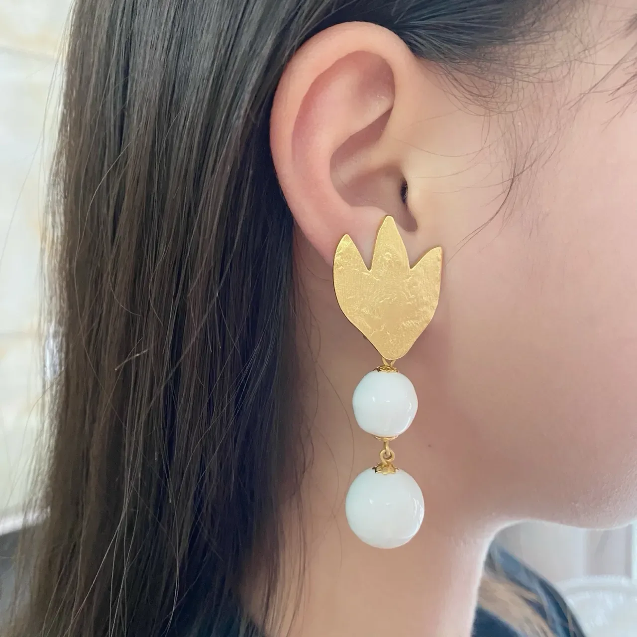 Gold-Tone Tulip Top Double White Bead Dangling Earrings 2