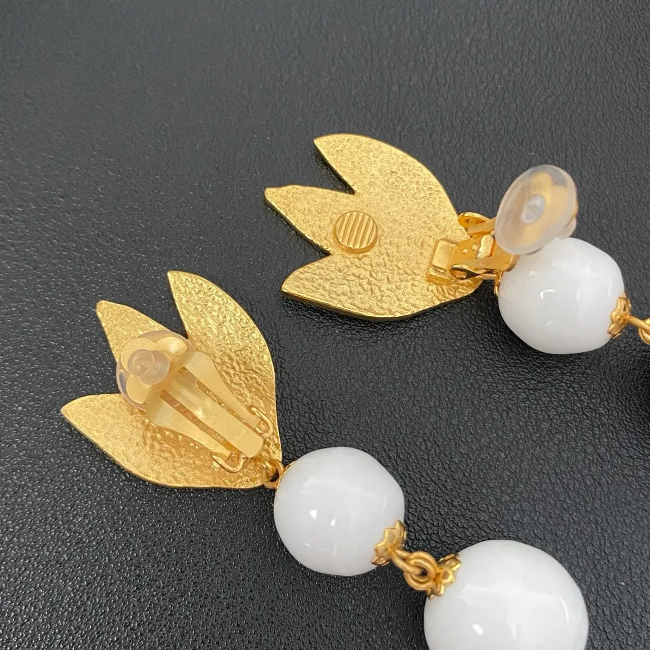 Gold-Tone Tulip Top Double White Bead Dangling Earrings 3