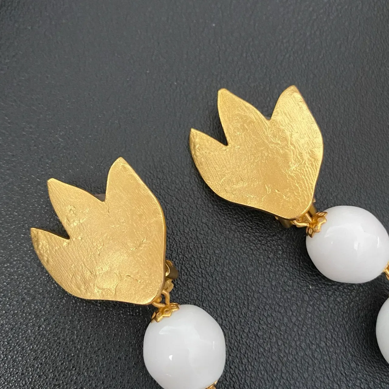 Gold-Tone Tulip Top Double White Bead Dangling Earrings 4