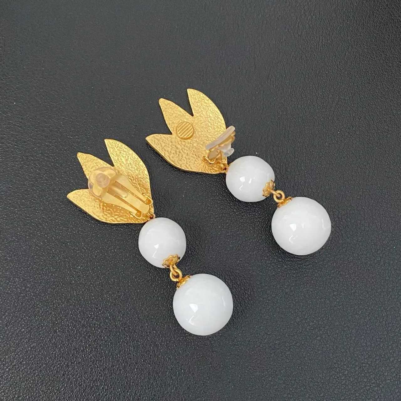 Gold-Tone Tulip Top Double White Bead Dangling Earrings 7